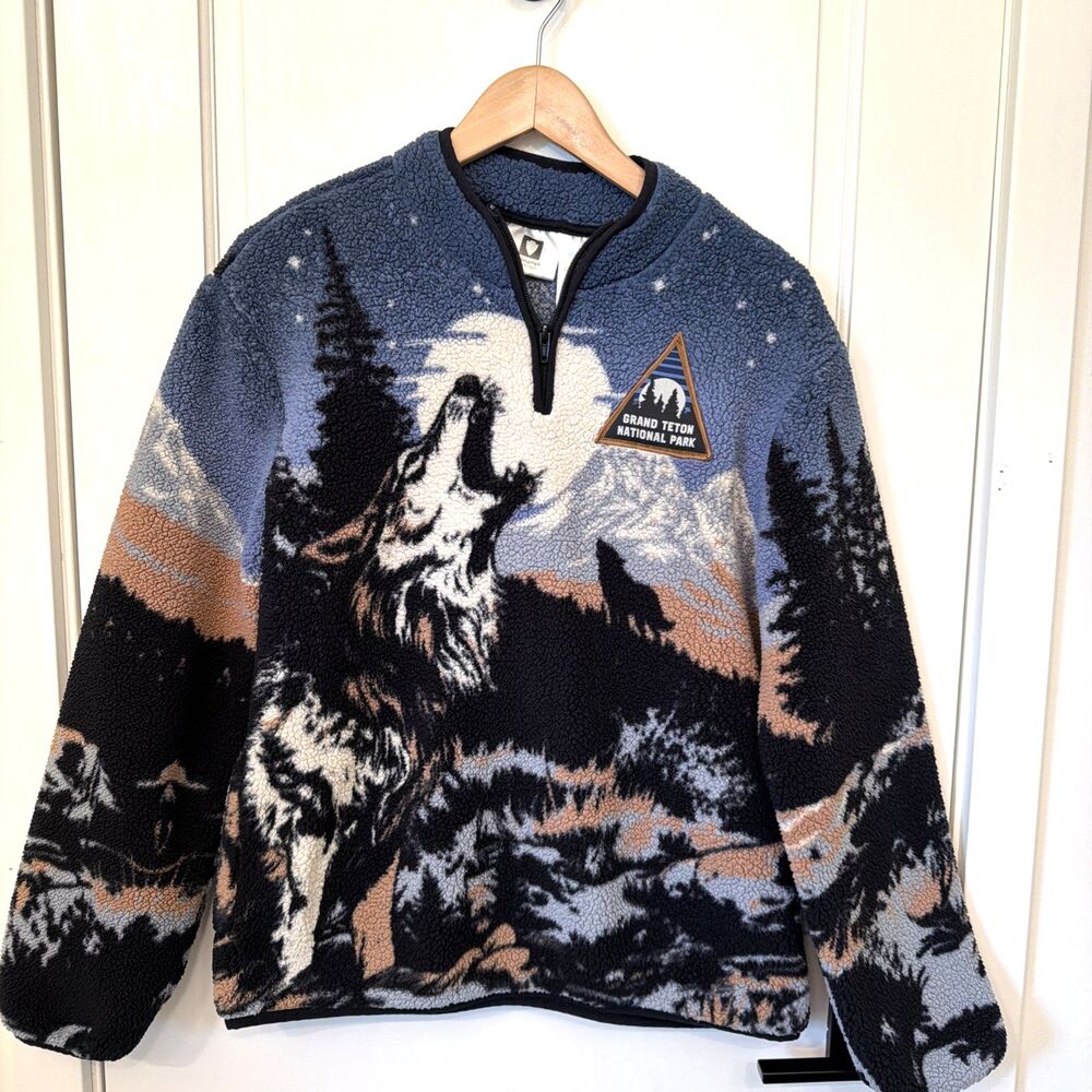 National Park Wolf Nature Double Sided Graphic Sherpa 1/4 Zip Pullover 18 Kids